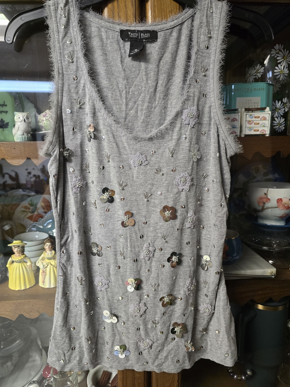 WHBM Beaded Gray Tank Top with Sequin Floral Accents
